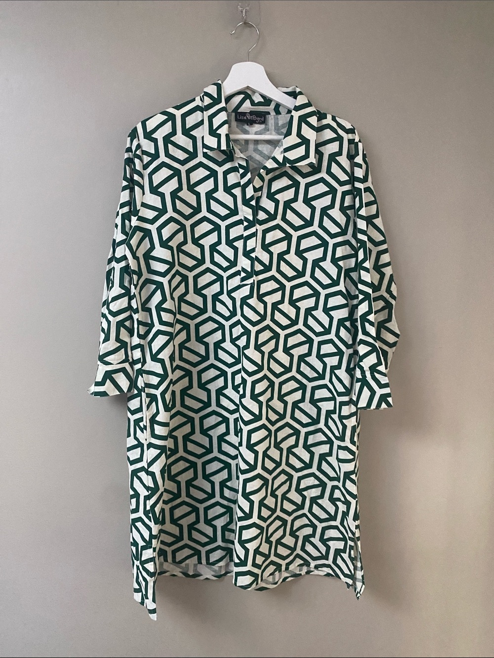 Liza Byrd Green & White Geometric Cotton Canvas Tunic Dress size large